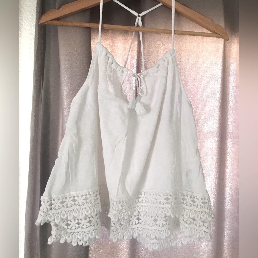 Abercrombie & Fitch White halter racer back crochet lace top